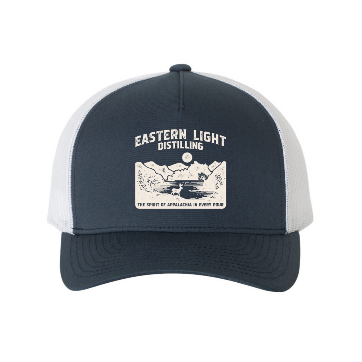 Graphic Baseball Hat with Eastern Light Distilling Branding - Navy Blue and White